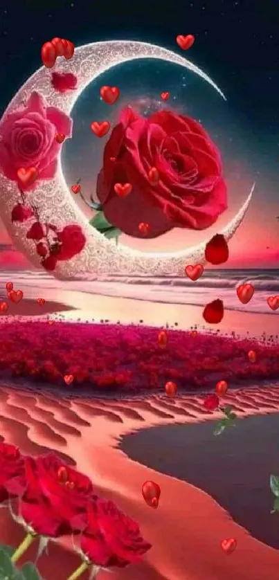 Romantic crescent moon with red roses and beach sunset.