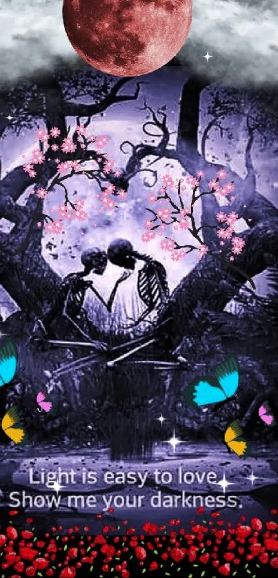 A romantic couple under the red moon with flowers and butterflies in dark tones.