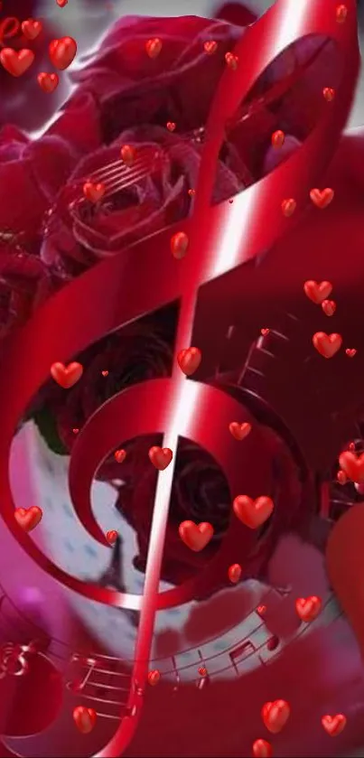 Red musical note with roses and hearts wallpaper.