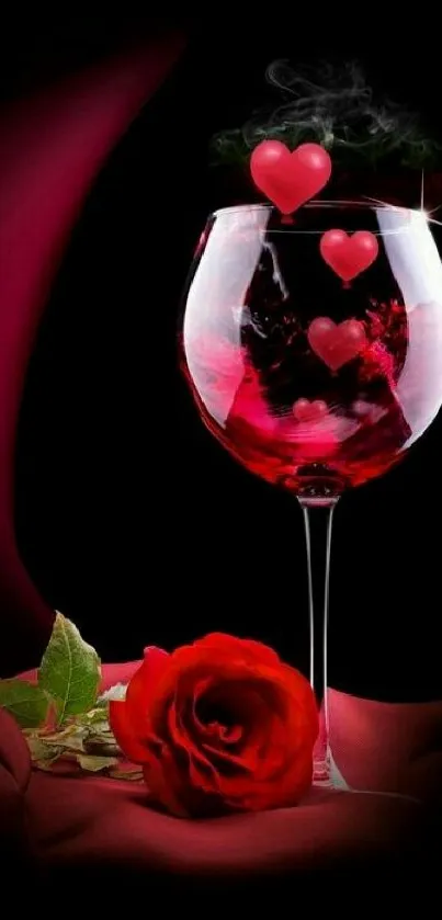 Red rose and wine glass with hearts wallpaper.