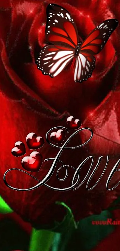 Red rose with a butterfly and 'Love' text on mobile wallpaper.