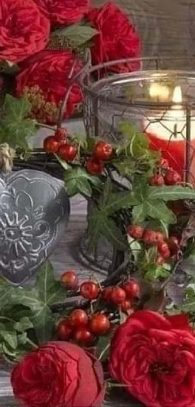 Red roses with heart and candle in elegant arrangement.