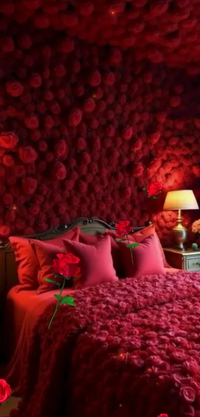 Luxurious bedroom with red rose decor and soft lighting.