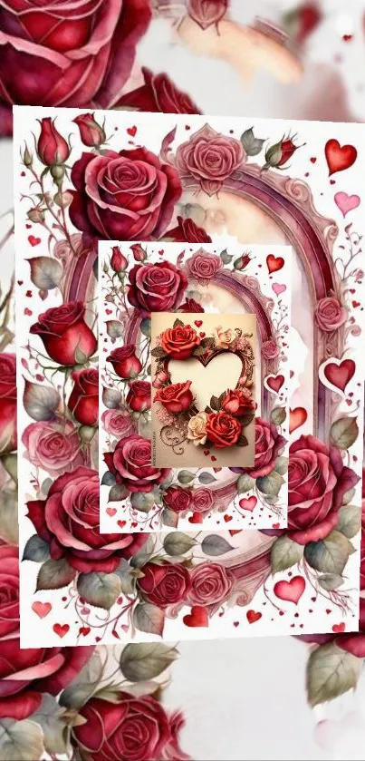 Romantic red roses and hearts mobile wallpaper.