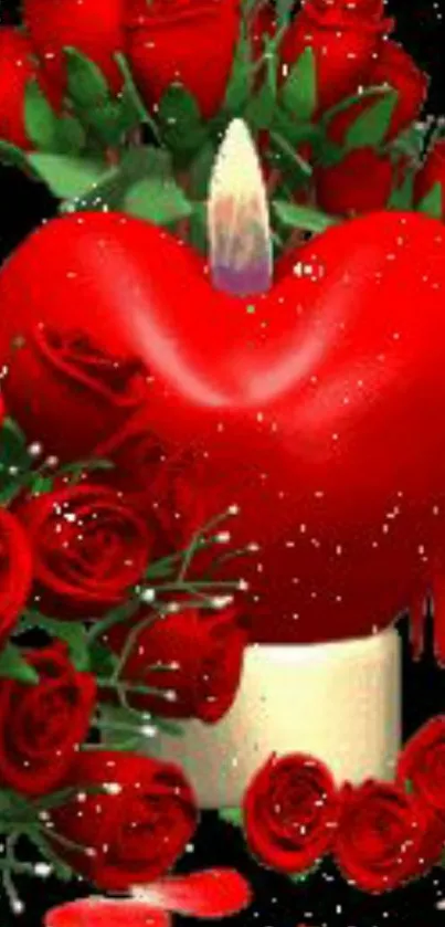 Heart-shaped red candle with roses in the background.