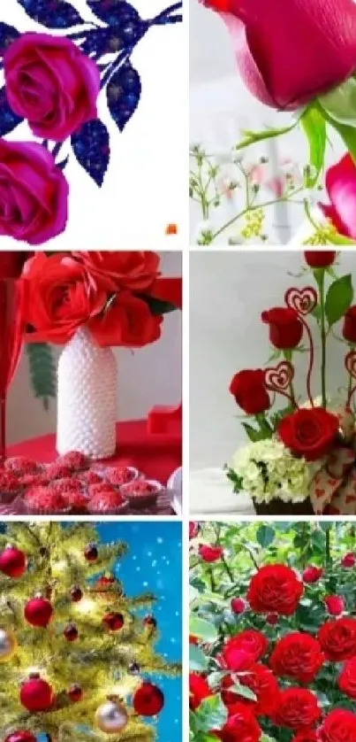 Vibrant red roses collage with romantic floral designs.