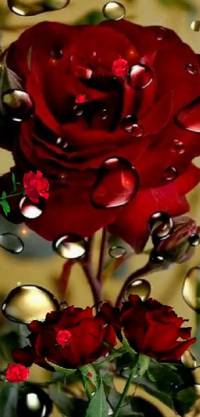 Red rose with water drops on petals.