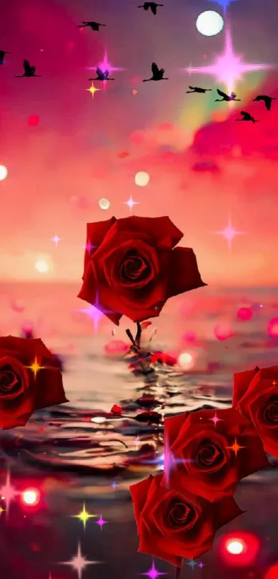 Red roses with a fantasy sunset background and glowing stars.