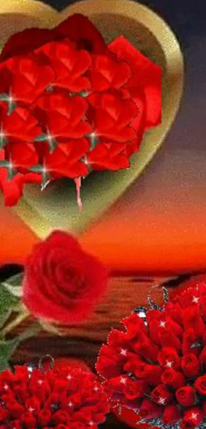 Beautiful red roses in a heart shape against a sunset background.