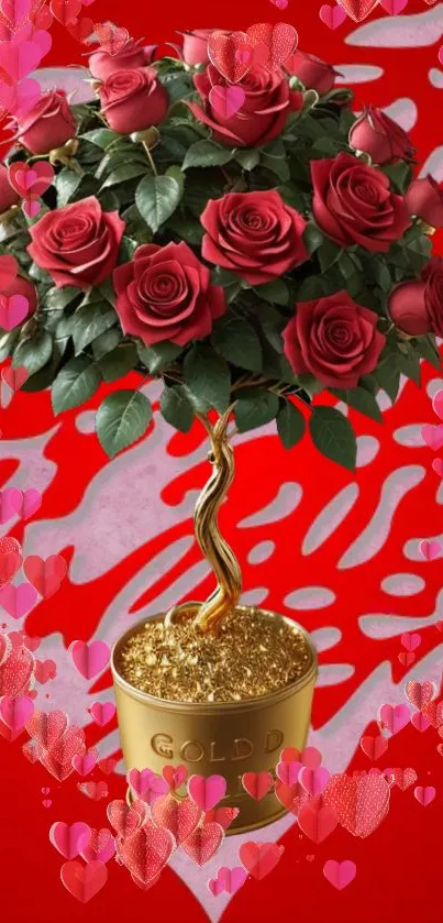 A heart-themed red rose mobile wallpaper with a golden pot.