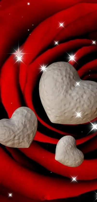 Red rose with stone hearts and starry accents wallpaper.