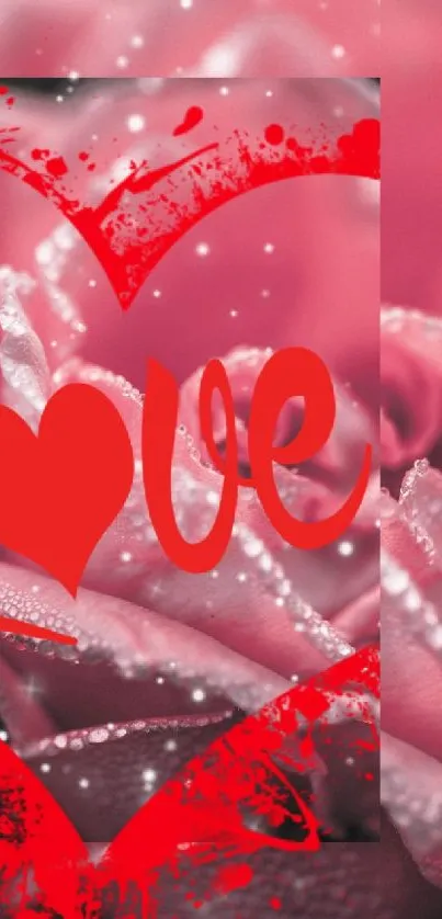 Romantic red rose wallpaper with love heart design.