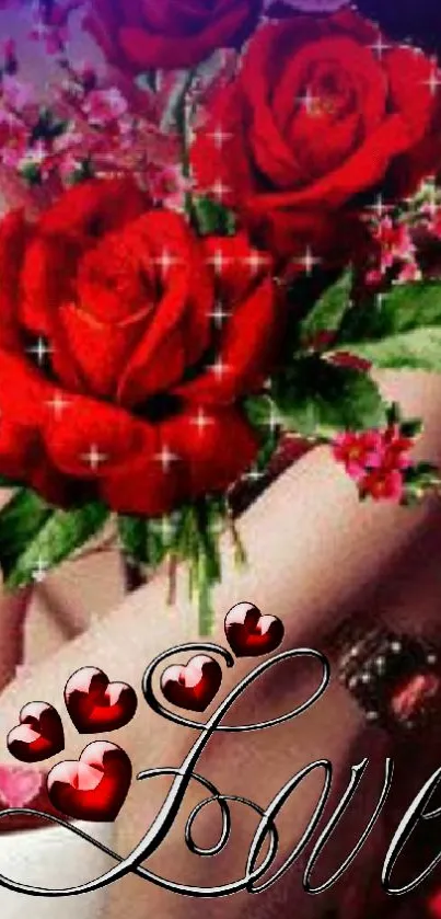 Romantic red roses with love text and hearts on a mobile wallpaper.