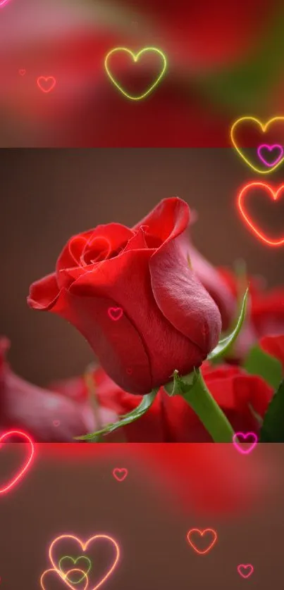 Romantic red rose with glowing hearts background for mobile wallpaper.