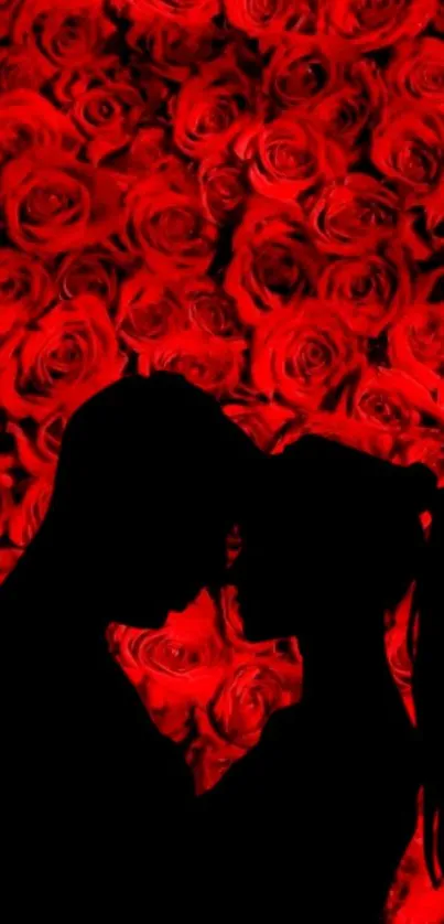 Romantic silhouette against red roses wallpaper for mobile phones.