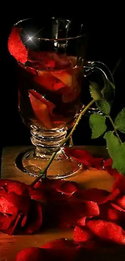 Red rose and glass with petals on a dark background.