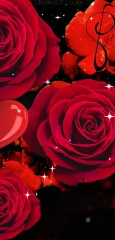 Romantic red roses with stars and a glossy heart on black background.