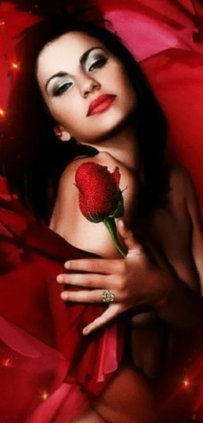 A captivating mobile wallpaper of a woman with a red rose, exuding romance and elegance.