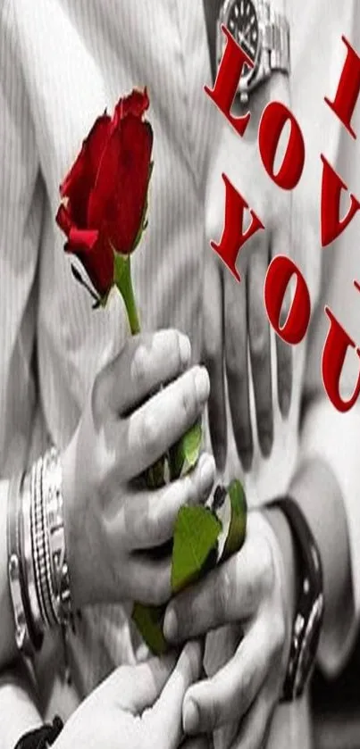 Romantic wallpaper with a red rose and 'I Love You' text.