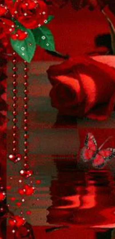 Romantic red rose with butterfly wallpaper for mobile phone.