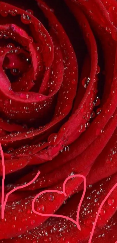 Close-up of a red rose with water droplets and the word 'love' written in red.