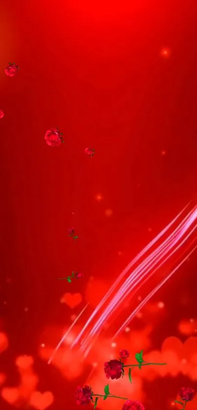 Vibrant red rose wallpaper with glowing hearts and petals.