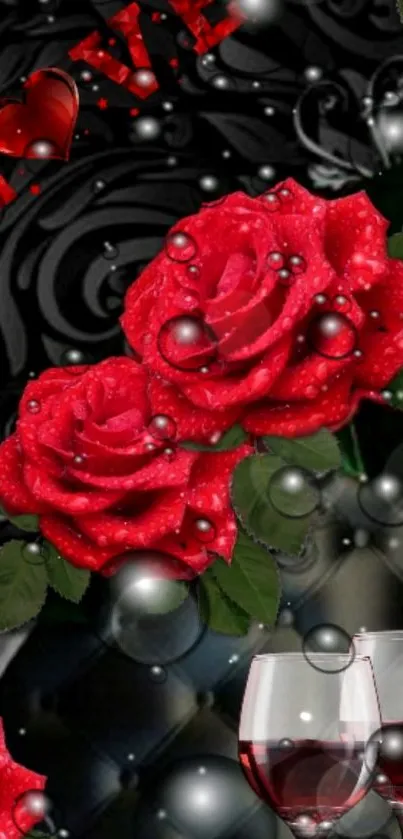 Wallpaper with red roses, water droplets, and two wine glasses.