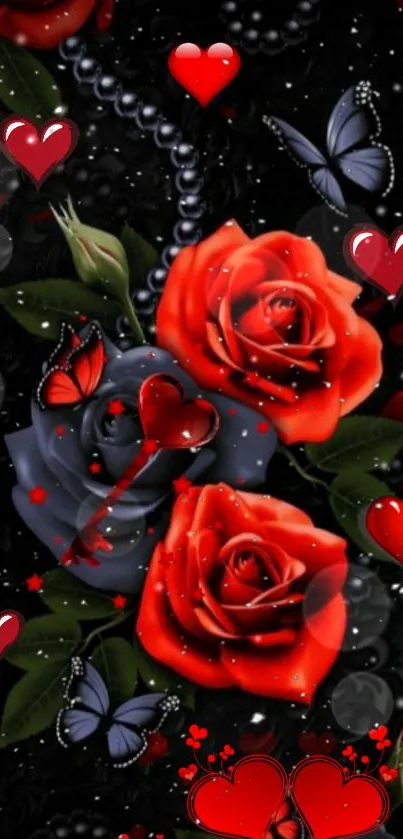 Romantic wallpaper with red roses and butterflies on black background.