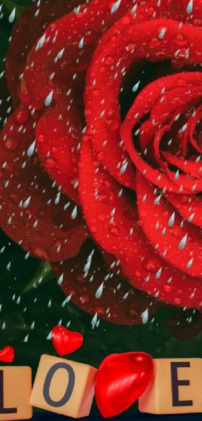 Romantic red rose with raindrops and love message in vivid color.