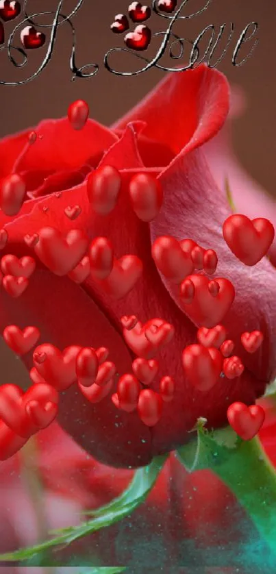 Close-up of a vibrant red rose with lush green leaves on a blurred background.