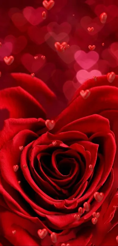 Romantic red rose with glossy hearts background.