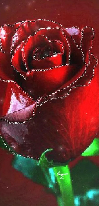 Vibrant rose on a dark red background in elegant wallpaper design.