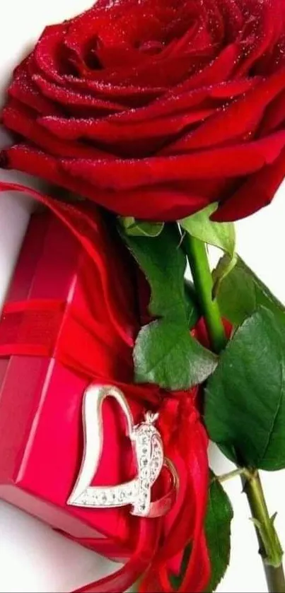 Red rose with a heart charm and gift box on a romantic wallpaper.