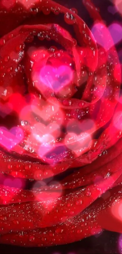 Romantic red rose with dewdrops and heart bokeh.