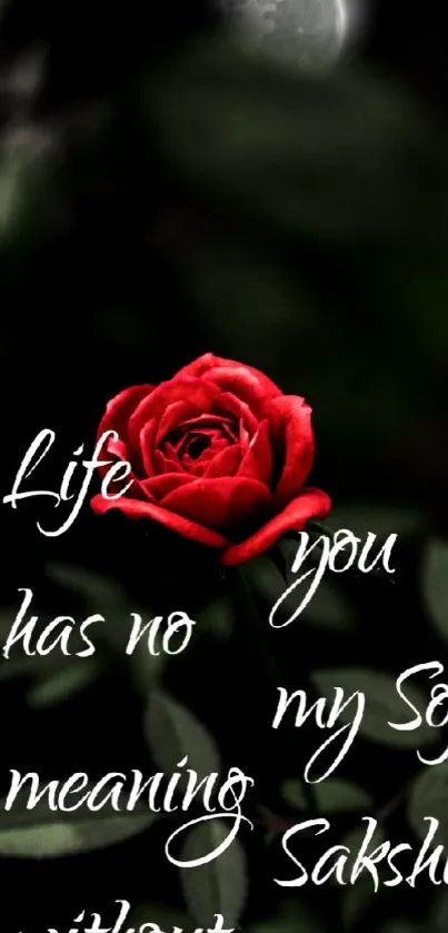 Romantic red rose with elegant text on a black background.