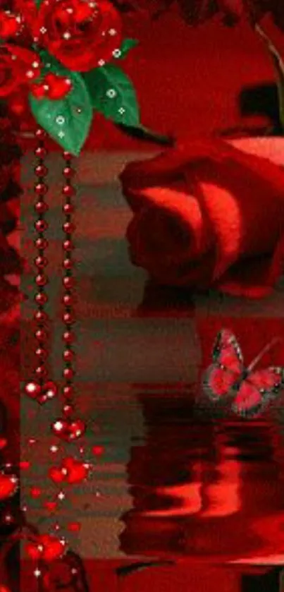 Red rose wallpaper with butterfly and beads in vivid shades of red.