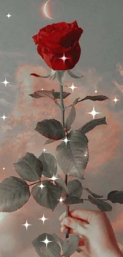 Romantic red rose held under crescent moon with a cloudy sky backdrop.