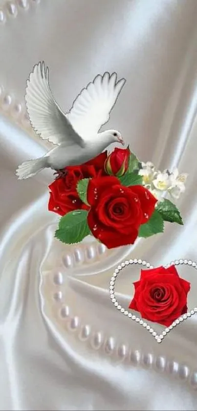 Romantic dove with red roses on silky white background.