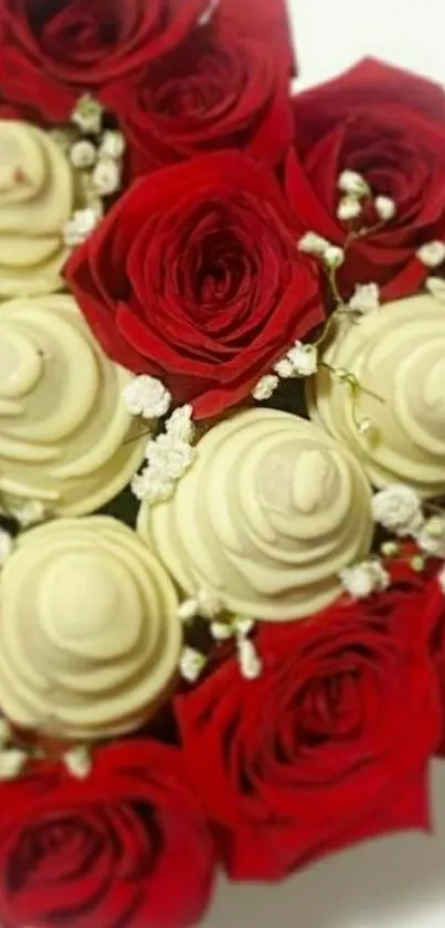 A bouquet of red roses with white flowers.