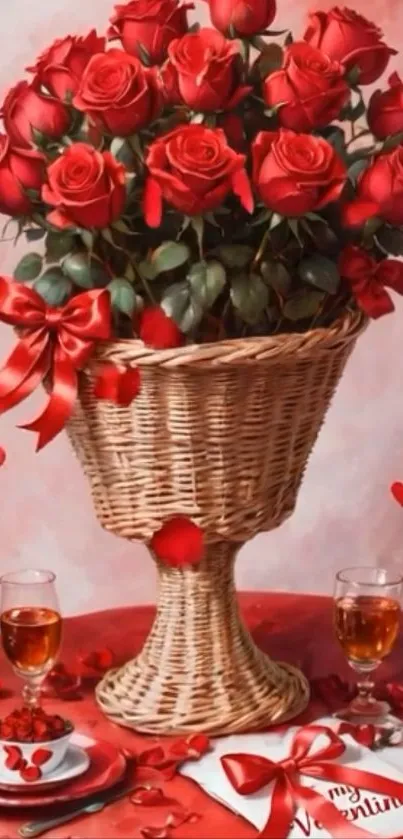A basket of red roses with Valentine decor on a table.