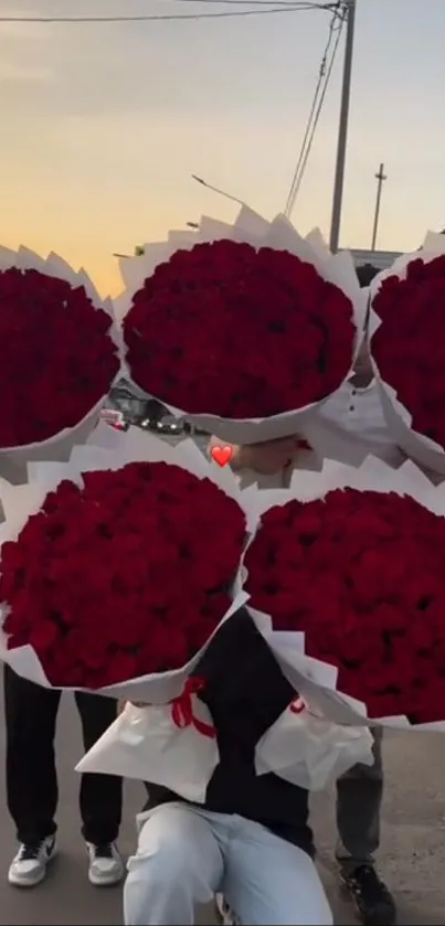 Bouquets of red roses held outdoors during sunset.