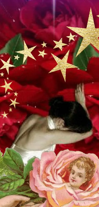 Romantic wallpaper with red roses and golden stars.