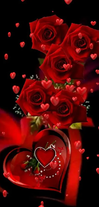 Romantic mobile wallpaper with red roses and a heart design.