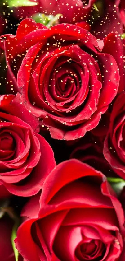 Vibrant close-up of romantic red roses filling the frame.