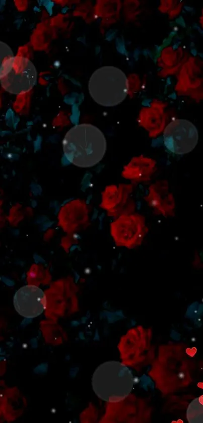 Wallpaper with dark red roses and heart accents on a black background.