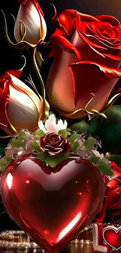 Red roses with heart shape on a dark background mobile wallpaper.