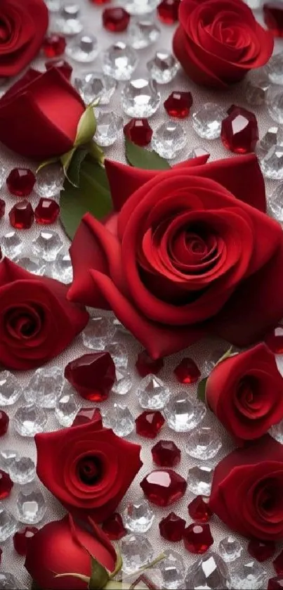 Vibrant red roses with white crystals.