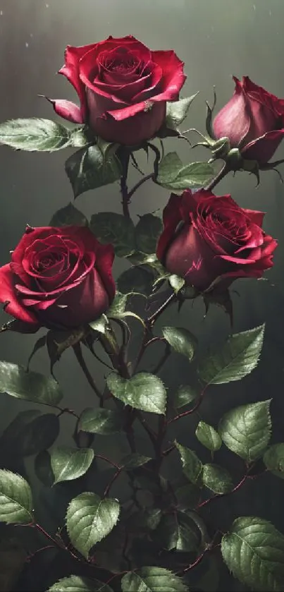 Dark background with vibrant red roses and lush green leaves.