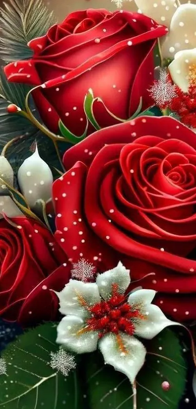 Red roses and white snowflake flowers wallpaper