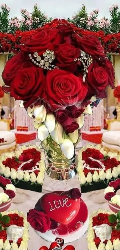 Romantic wallpaper with red roses and wedding decor.